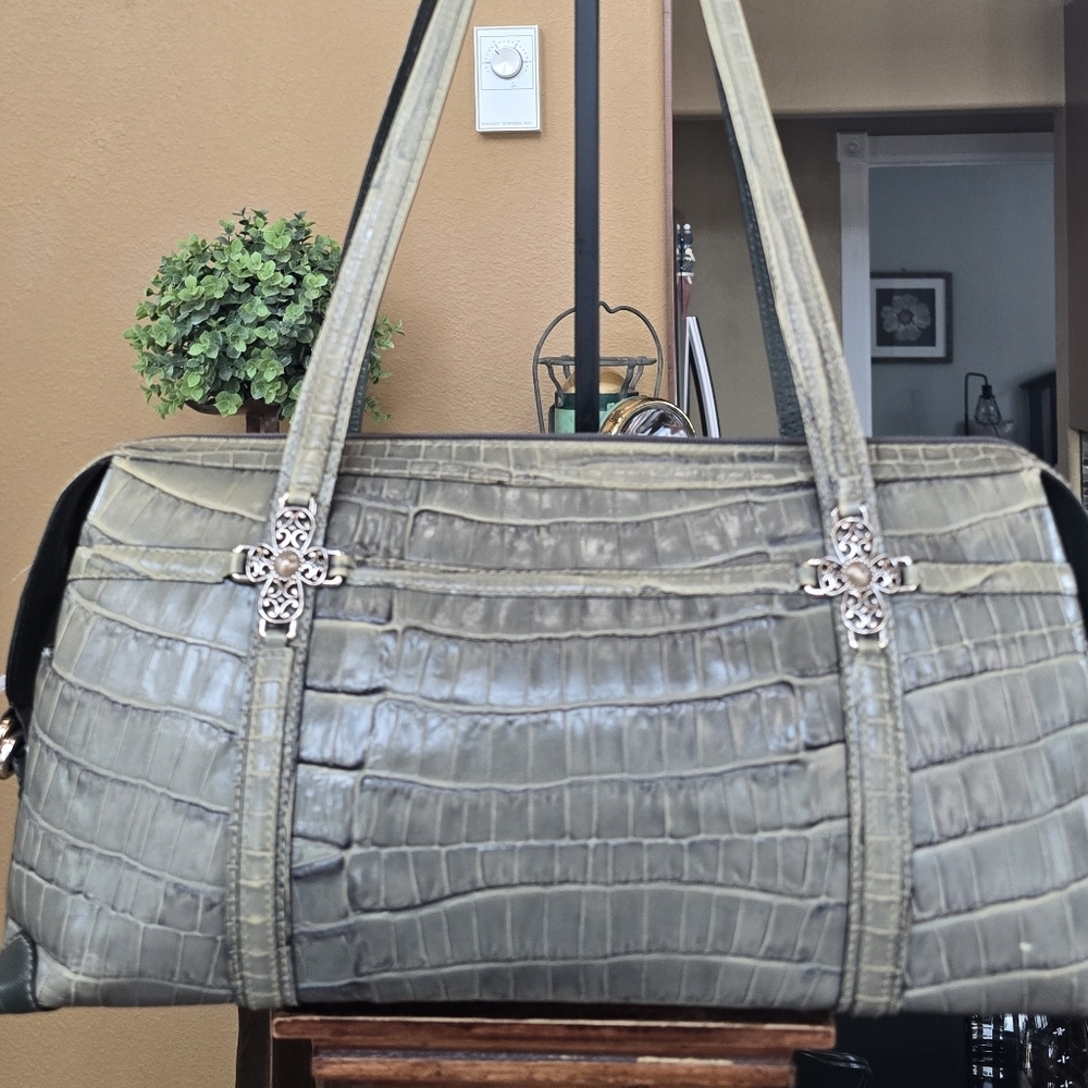 Brighton Sage Green Croc Embossed Leather Vintage Satchel Shoulder Bag - Picture 16 of 16